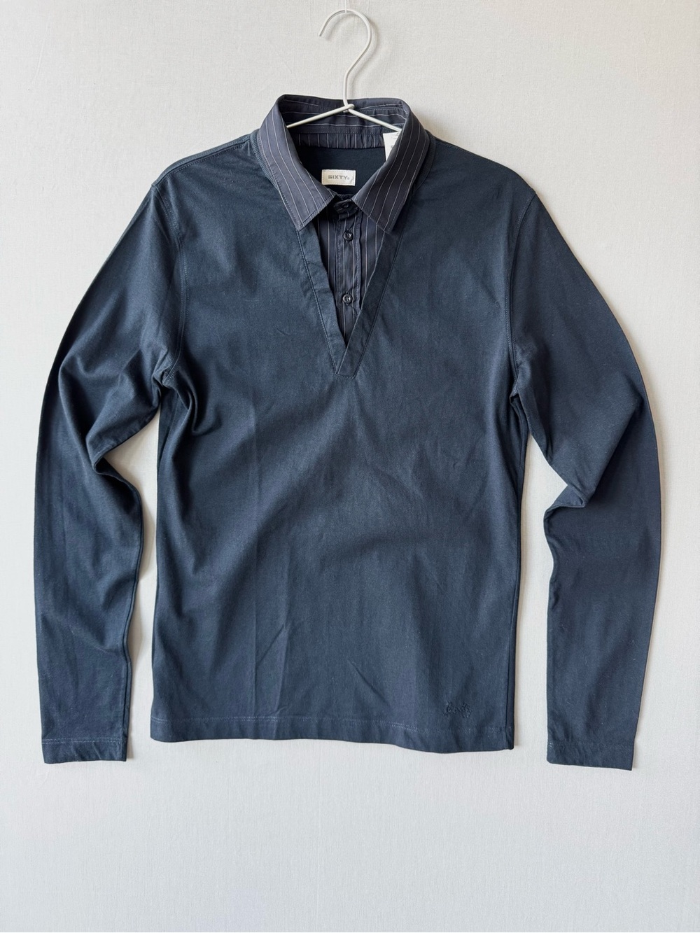 Sixty Men's Navy Layered-Look Long Sleeve T-Shirt with Button Up Collar - Italy
